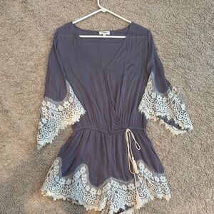 Lace Trim Romper in Gray and Cream